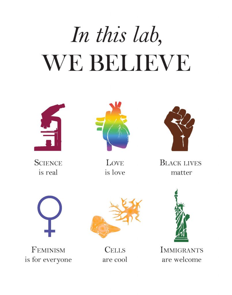 In this lab we believe: science is real, love is love, black lives matter, feminism is for everyone, cells are cool, immigrants are welcome.