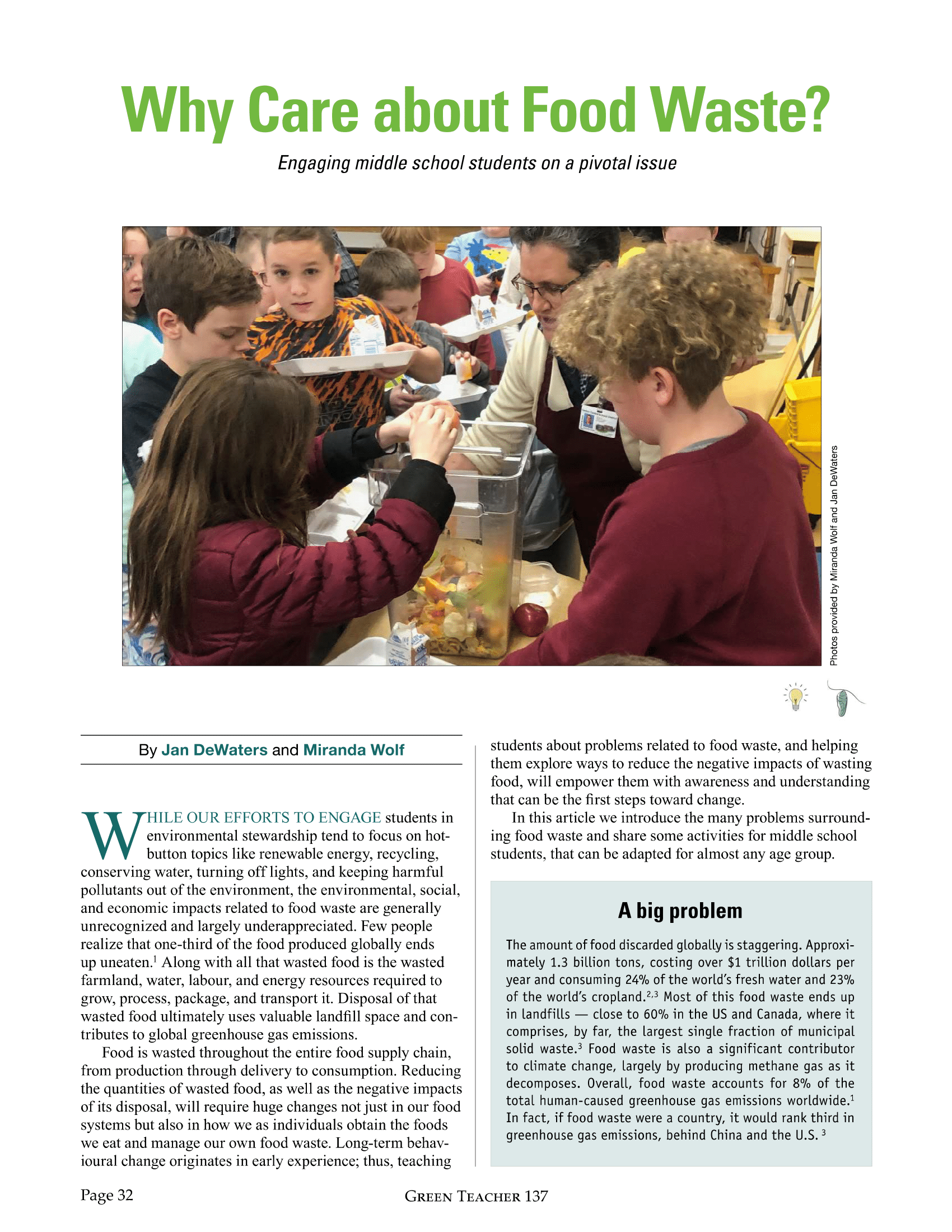 The first page of the article titled Why Care about Food Waste? from Green Teacher Magazine