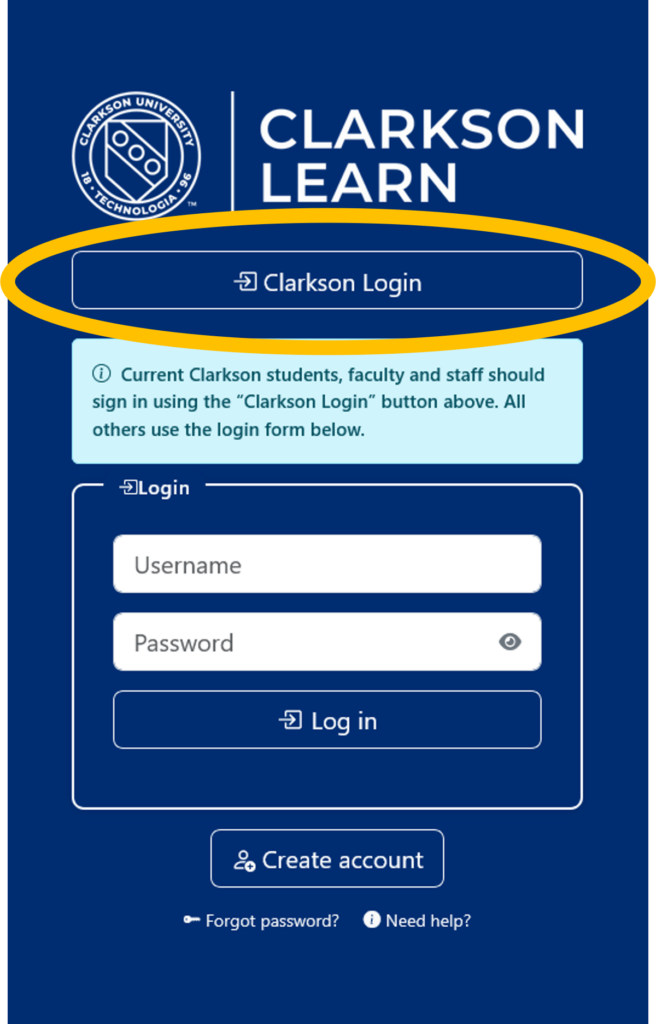 Clarkson Login button highlighted