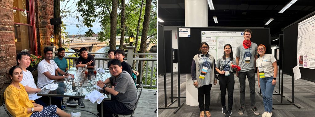 Aug-Sep 2024) Farewell party with Visiting students from SKKU (Left) AND Hoang, Chase, and Irini’s presentations at TECHCON 2024 (Right)