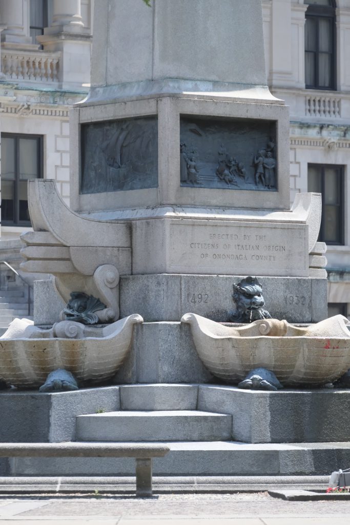 Base of Syracuse Columbus statue with fountains and inscription